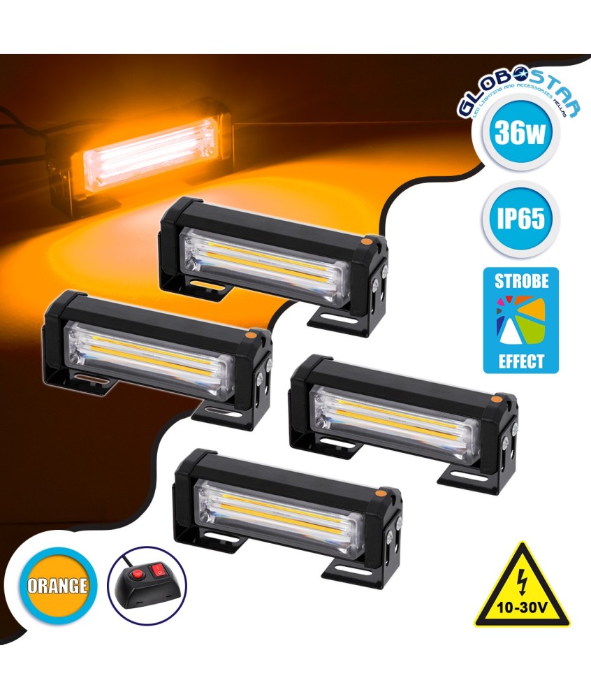 GloboStar® 85033 PRO Series ΣΕΤ 4 x Μπάρες Σήμανσης Οχήματος Οδικής Βοήθείας για Αυτοκίνητα & Φορτηγά 13 Προγραμμάτων Φωτισμού LED CREE CXB COB 36W DC 10-30V Αδιάβροχο IP65 Πορτοκαλί